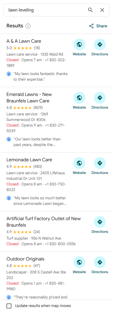 Google Maps results for “lawn leveling” near New Braunfels, TX on Sep 15, 2026, with A & A Lawn Care at #1.