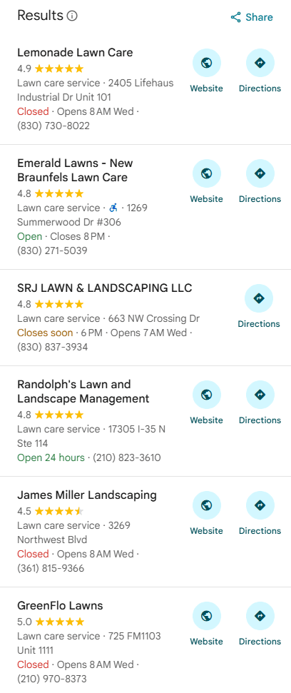 Google Maps results for “lawn leveling” near New Braunfels, TX on Aug 25, 2026. A & A Lawn Care was #14, below the results shown.